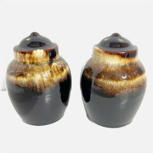 Vintage Unbranded Stoneware Pottery Salt  and Pepper Shakers Brown / Cream Glaze